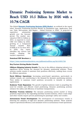 Dynamic Positioning Systems Market to Reach USD 10.5 Billion by 2026 with a 10.7% CAGR