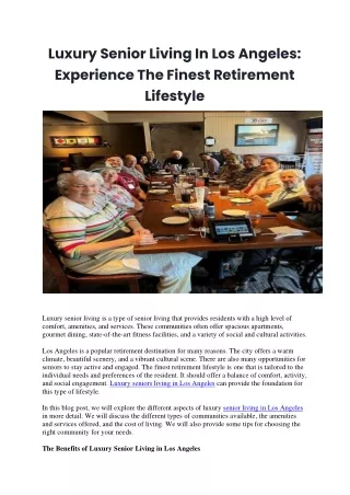 Luxury Senior Living In Los Angeles- Experience The Finest Retirement Lifestyle