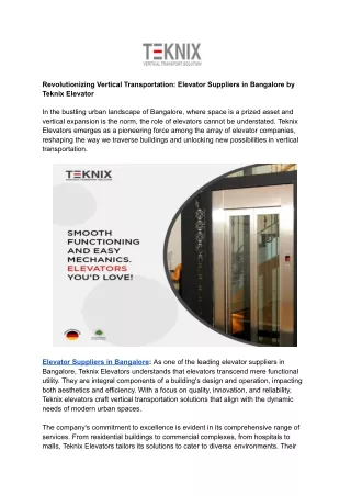 Revolutionizing Vertical Transportation_ Elevator Suppliers in Bangalore by Teknix Elevator