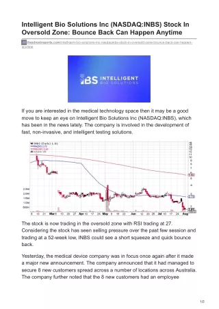 Intelligent Bio Solutions Inc (NASDAQ-INBS) Stock In Oversold Zone- Bounce Back Can Happen Anytime