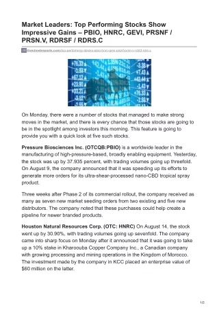 Market Leaders- Top Performing Stocks Show Impressive Gains – PBIO, HNRC, GEVI, PRSNF - PRSN.V, RDRSF - RDRS.C