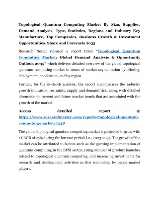Topological Quantum Computing Market , Share and Forecasts 2035
