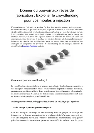 Donner du pouvoir aux rêves de fabrication Exploiter le crowdfunding pour vos moules à injection