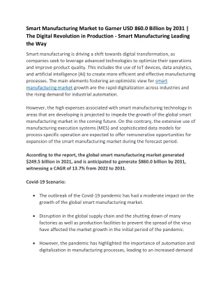 Smart Manufacturing Market to Garner USD 860.0 Billion by 2031 |