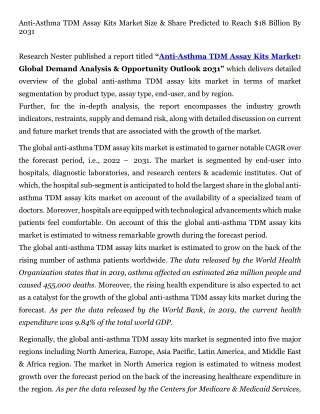 Anti-Asthma TDM Assay Kits Market Size & Share Predicted to Reach $18 Billion