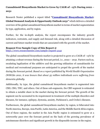 Cannabinoid Biosynthesis Market to Grow by CAGR of ~15% During 2022 – 2031