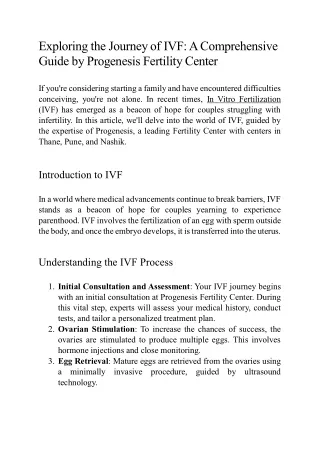 Exploring the Journey of IVF - A Comprehensive Guide by Progenesis Fertility Center