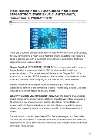 Stock Trading in the US and Canada In the News- STPGF-STGO.T, SWISF-SKUR.C, AMYZF-AMY.V, RGX.C-RGXTF, PRSN.V-PRSNF