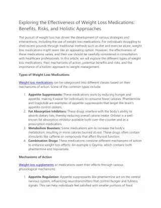 Exploring the Effectiveness of Weight Loss Medications Benefits, Risks, and Holistic Approaches