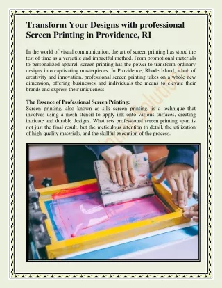 Transform Your Designs with Professional Screen Printing in Providence, RI