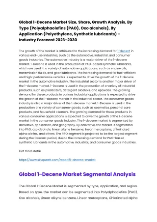 Global 1-Decene Market Size, Share, Growth Analysis