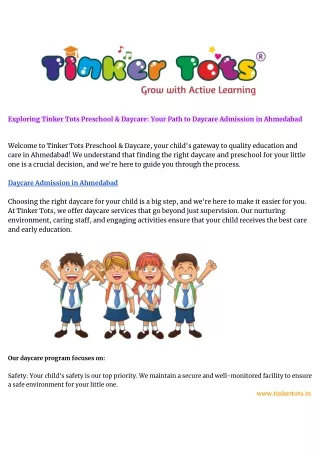 Exploring Tinker Tots Preschool & Daycare: Your Path to Daycare Admission in Ah