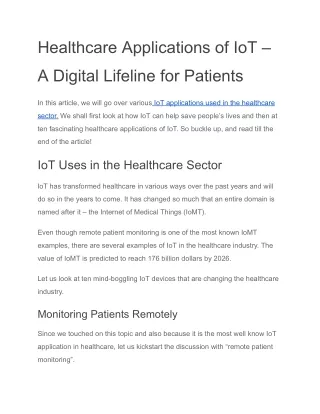 Healthcare Applications of IoT – A Digital Lifeline for Patients