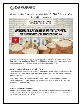 Vietnamese Rice Exporters Renegotiate Prices For Their Shipments After India’s Rice Export Ban