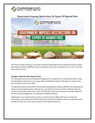 Government Imposes Restrictions On Export Of Basmati Rice