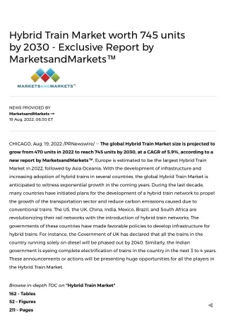 Hybrid Train Market worth 745 units by 2030 - Exclusive Report by MarketsandMarkets™