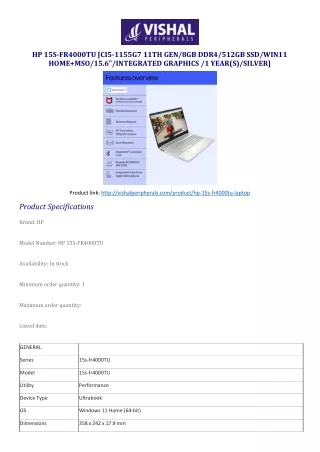 HP 15S-FR4000TU [CI5-1155G7 11TH GEN8GB DDR4512GB SSDWIN11 HOME MSO15.6INTEGRATED GRAPHICS 1 YEAR(S)SILVER]