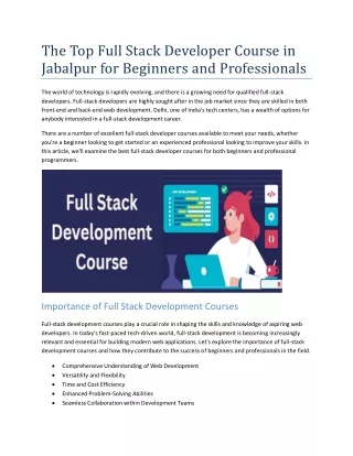 The Top Full Stack Developer Course in Jabalpur for Beginners and Professionals