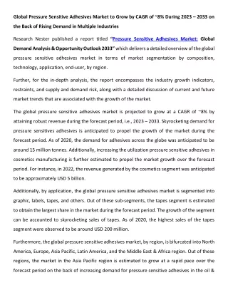 Pressure Sensitive Adhesives Market Size 2023-2033