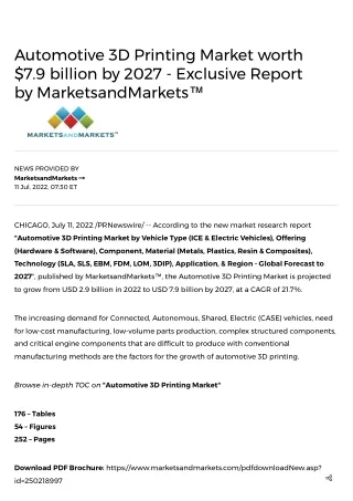 Automotive 3D Printing Market worth $7.9 billion by 2027 - Exclusive Report by MarketsandMarkets™