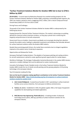 Surface Treatment Solutions Market for Aaviation MRO