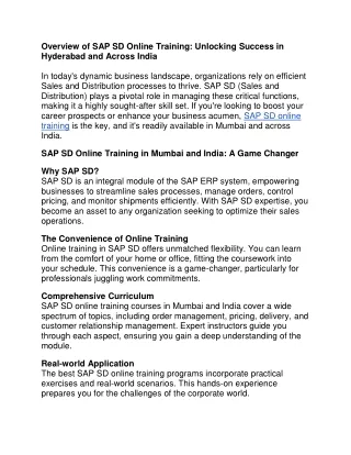Overview of SAP SD Online Training: Unlocking Success in hyderabad and Across India