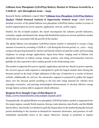 Lithium Iron Phosphate (LiFePO4) Battery Market to Witness Growth