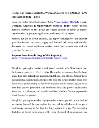 Global Gas Engine Market to Witness Growth by a CAGR of ~2.5%