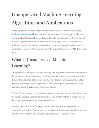 Unsupervised Machine Learning Algorithms and Applications