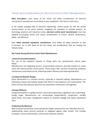 Trends And Considerations for Electrical Control Panel Manufacturers