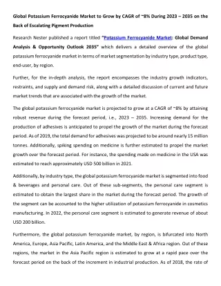 Potassium Ferrocyanide Market Size 2023-2035