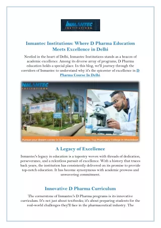 D Pharma Course In Delhi Inmantec Institutions