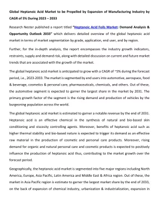 Heptanoic Acid Market Trends 2023-2033