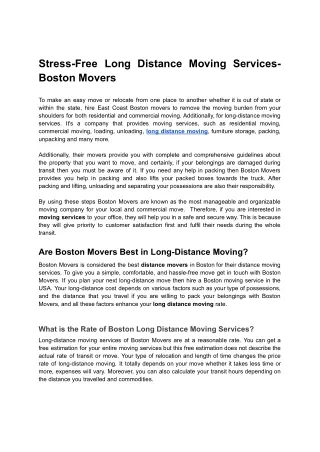 Stress-Free Long Distance Moving Services- Boston Movers