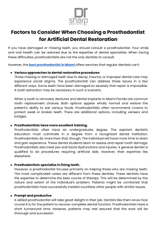 Factors to Consider When Choosing a Prosthodontist for Artificial Dental Restoration