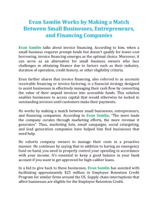 Evan Samlin Works by Making a Match Between Small Businesses, Entrepreneurs, and Financing Companies