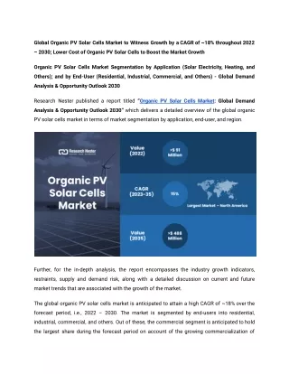 Organic PV Solar Cells Market Growth, Industry, Analysis, and Size.