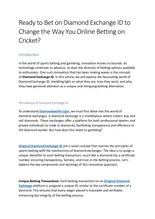 Ready to Bet on  Diamond Exchange ID to Change the Way You Online Betting on Cricket?