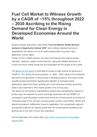 Fuel Cell Market to Witness Growth by a CAGR of ~15% throughout 2022 – 2030