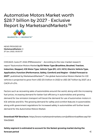 Automotive Motors Market worth $28.7 billion by 2027 - Exclusive Report by MarketsandMarkets™