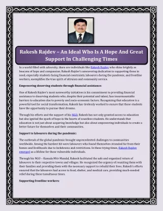 Rakesh Rajdev – An Ideal Who Is A Hope And Great Support In Challenging Times