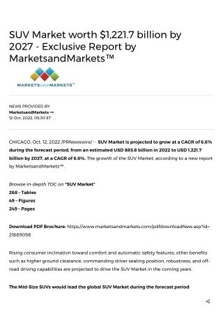 SUV Market worth $1,221.7 billion by 2027 - Exclusive Report by MarketsandMarkets™