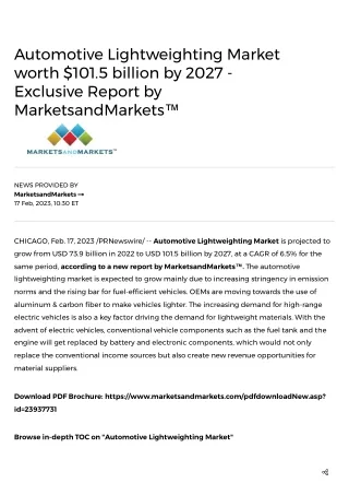 Automotive Lightweighting Market worth $101.5 billion by 2027 - Exclusive Report by MarketsandMarkets™