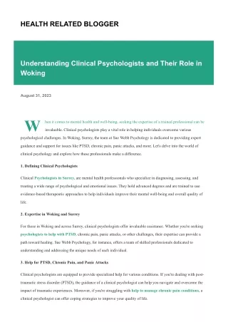 Understanding Clinical Psychologists and Their Role in Woking