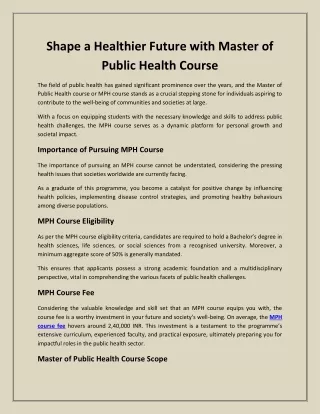 Shape a Healthier Future with Master of Public Health Course