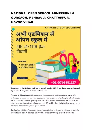 NATIONAL OPEN SCHOOL ADMISSION IN GURGAON, MEHRAULI, CHATTARPUR, UDYOG VIHAR