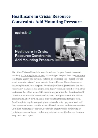 Healthcare in Crisis - Resource Constraints Add Mounting Pressure