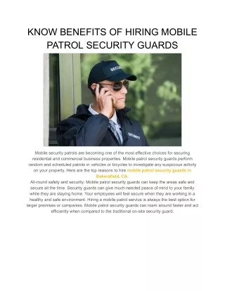 KNOW BENEFITS OF HIRING MOBILE PATROL SECURITY GUARDS