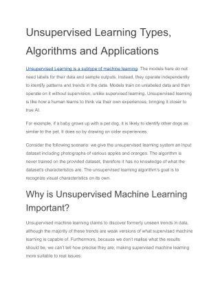 Unsupervised Learning Types, Algorithms and Applications