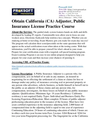 Obtain California (CA) Adjuster, Public Insurance License Practice Course